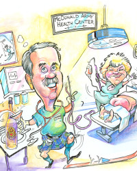 funny caricature scene depicting a scene in a hospital patient room