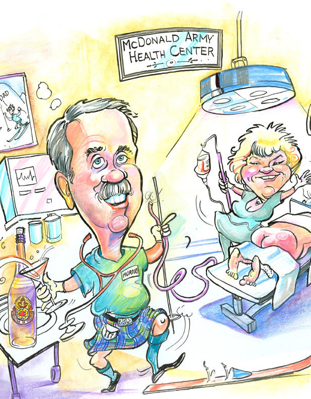 funny caricature scene depicting a scene in a hospital patient room